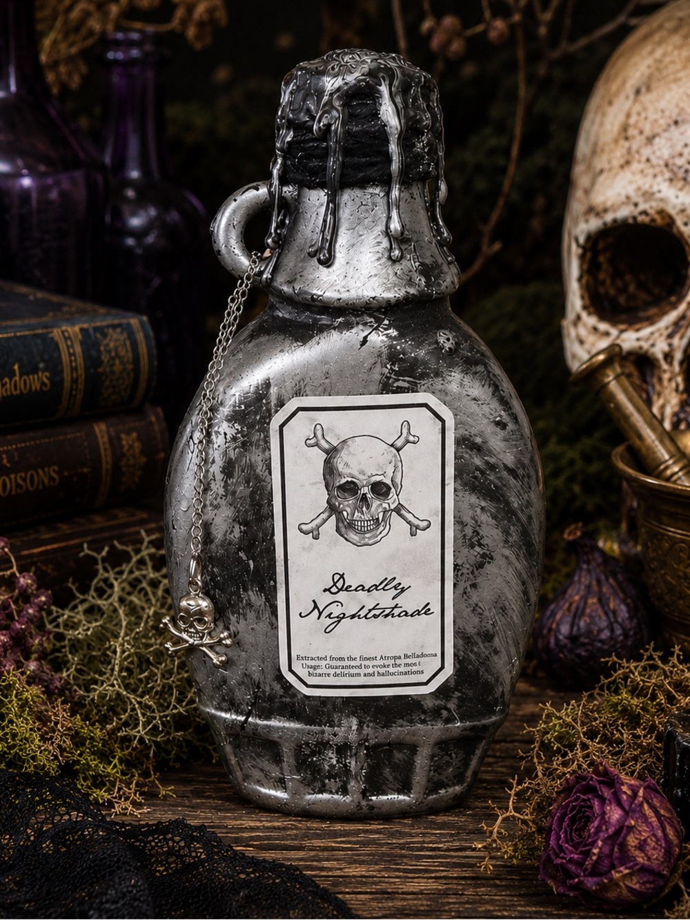 Deadly Nightshade Potion Bottle Gothic Halloween Decor 6.75” x 3.5” Wide